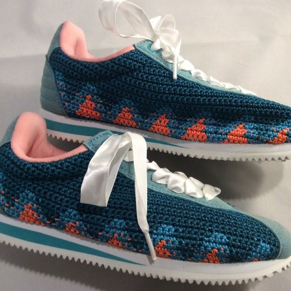 Poppy Woman’s 7 Hand-Crocheted Turquoise & Orange Satin Lace-Up Sneakers Shoes - Picture 1 of 13